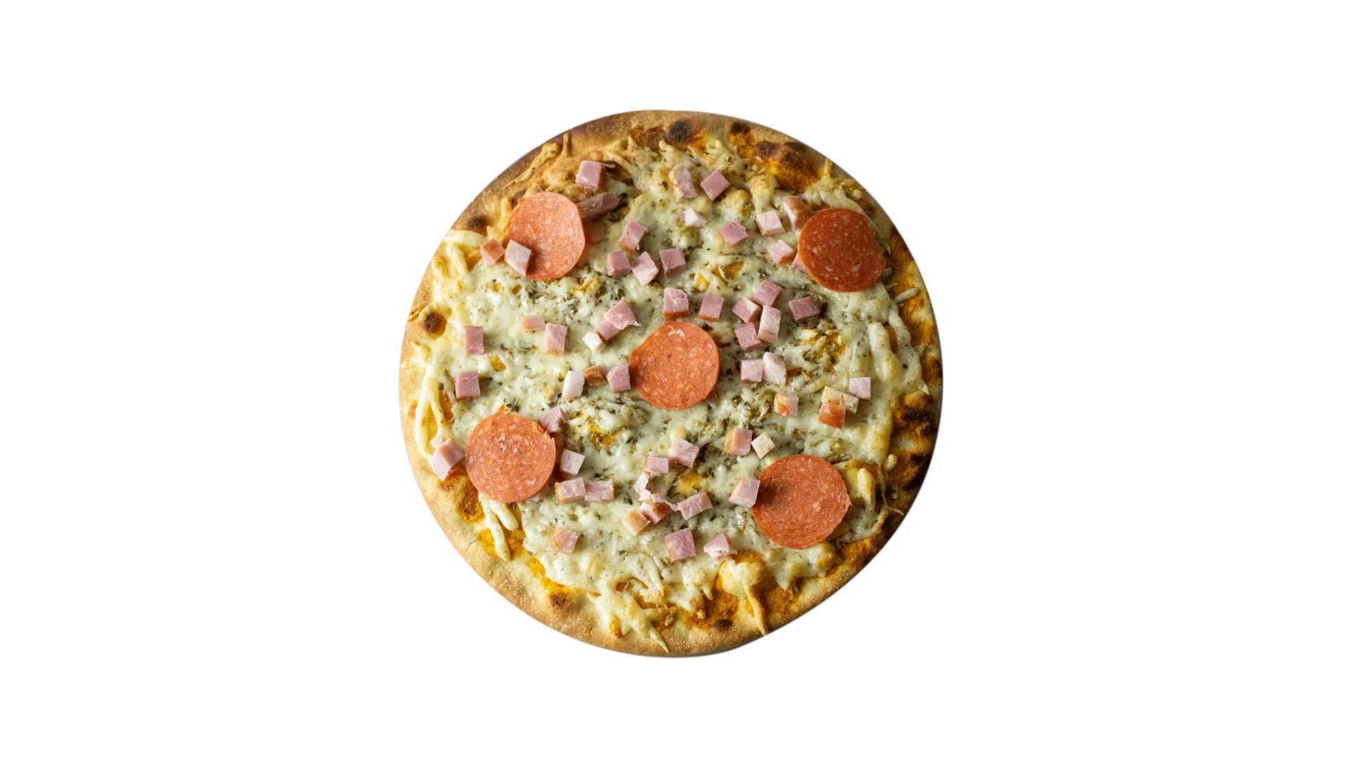 Pepperoni ligeramente picante i bacon sobre queso fundido y salsa de tomate. Un toque americano con personalidad y carácter.