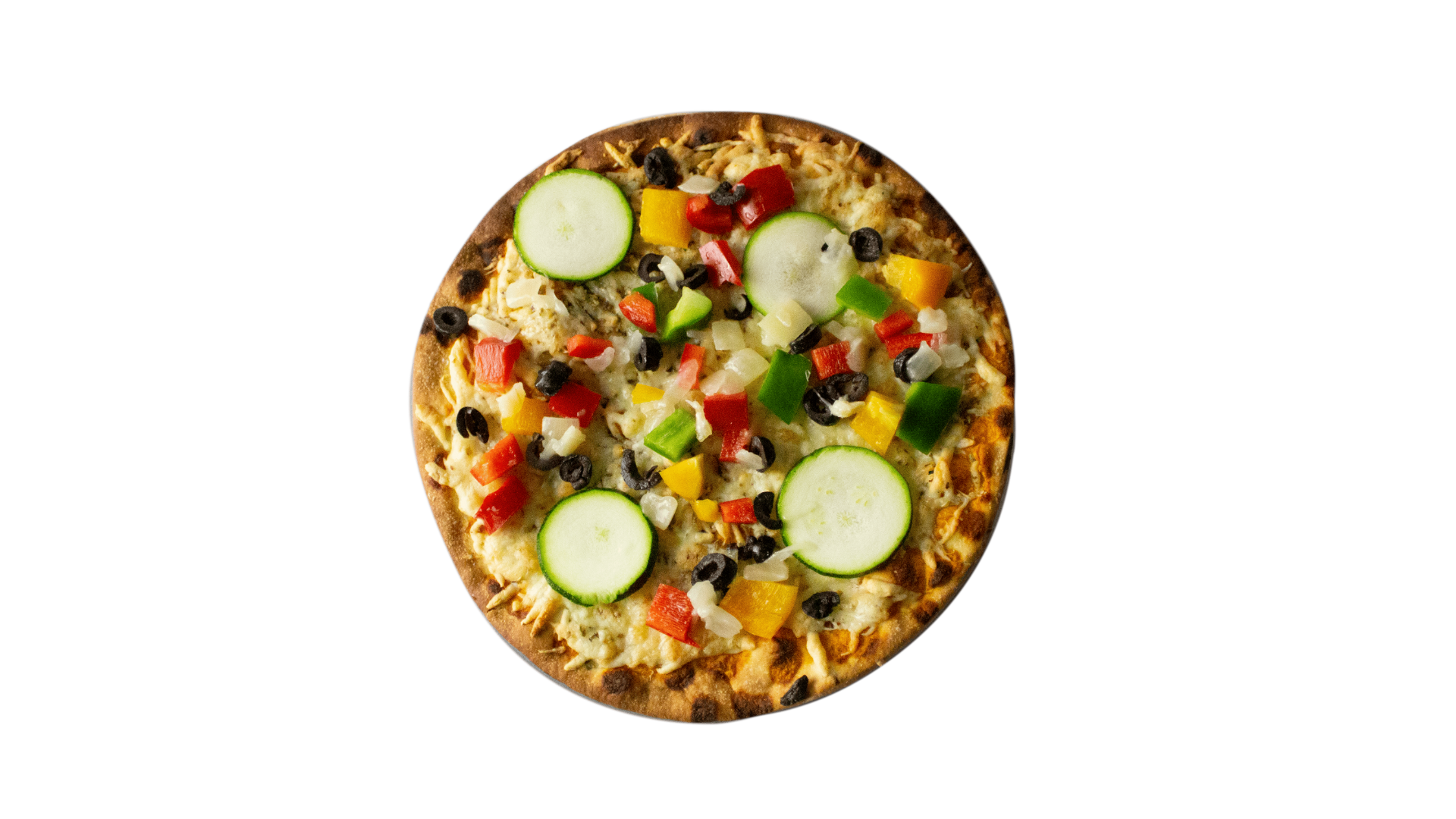 Pimientos, cebolla, aceitunas y calabacín sobre masa fina. Fresca, colorida y llena de sabor vegetal.